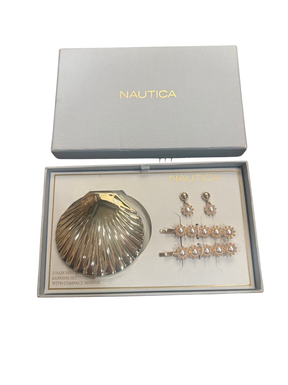 Nautica $50 NIB Gift Set: Compact Mirror, 2 Hair Pins & Earrings NIB